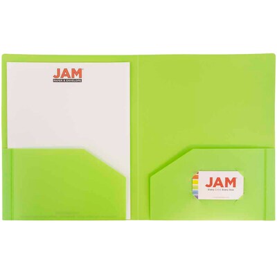 JAM Paper Heavy Duty Two-Pocket Plastic Folders, Lime Green, 108/Pack (383HLIB)