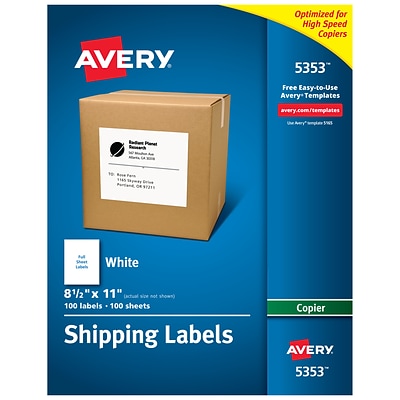 Avery Copier Shipping Labels, 8 1/2 x 11, White, 100 Labels/Pack (5353)
