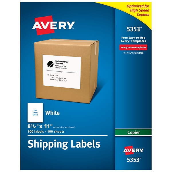 Avery Copier Shipping Labels, 8-1/2 x 11, White, 1 Label/Sheet, 100 Sheets/Box (5353)