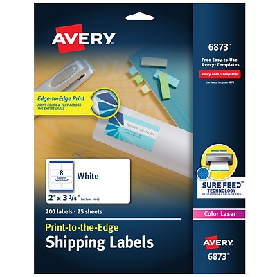 Avery Print-to-the-Edge Laser Shipping Labels with Sure Feed, 2 x 3 3/4, White, 200 Labels/Pack (6873)