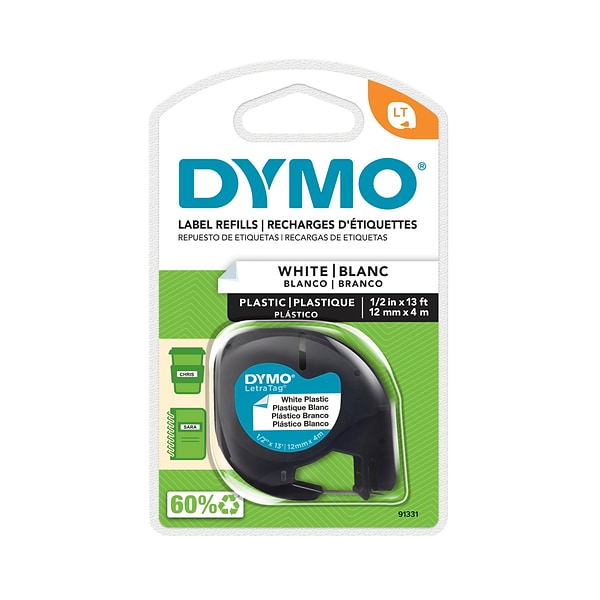 Dymo LetraTag 91331 Label Maker Tape, 1/2W, Black On White