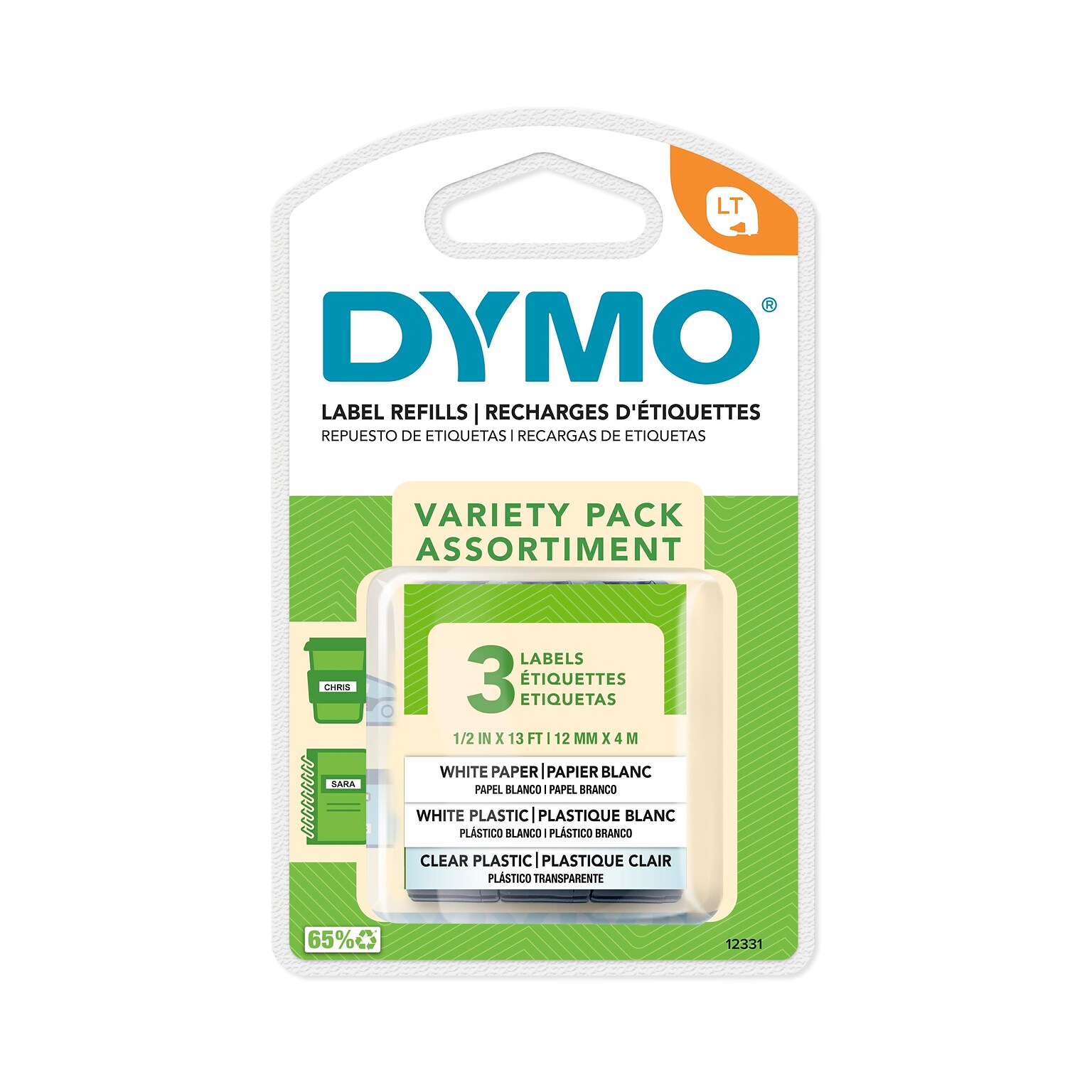 Dymo LetraTag Multi-Pack 12331 Label Maker Tapes, 0.5W, Variety Pack Assortment, 3/Pack