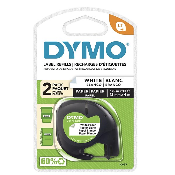 Dymo LetraTag 10697 Label Maker Tapes, 0.5W, Black On White, 2/Pack