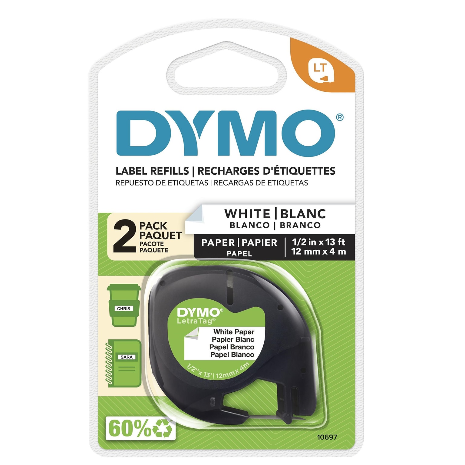 DYMO LetraTag 10697 Paper Label Maker Tape, 1/2 x 13, Black on White, 2/Pack (10697)