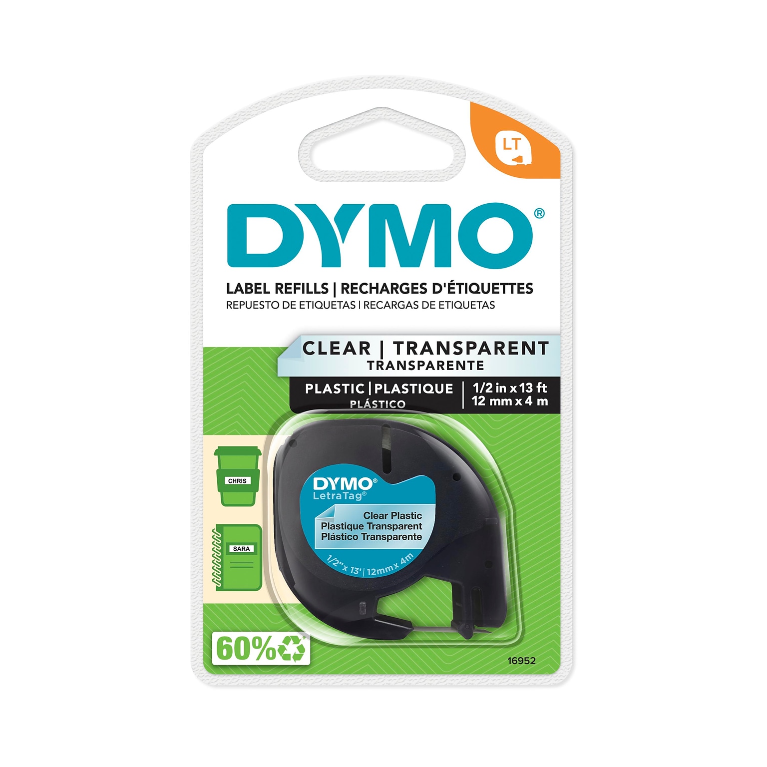 DYMO LetraTag 16952 Plastic Label Maker Tape, 1/2 x 13, Black on Clear (16952)