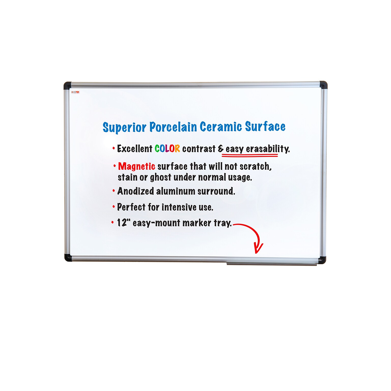 Floortex® Viztex® Porcelain Magnetic Dry Erase Board, Aluminium Frame, 24 x 36 (FCVPM3624A)