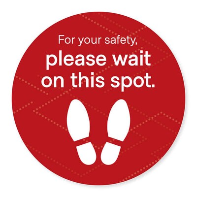 Social Distancing Vinyl Floor Decal, Wait on this Spot, 18 Round, Red, 6/Pack (60538)