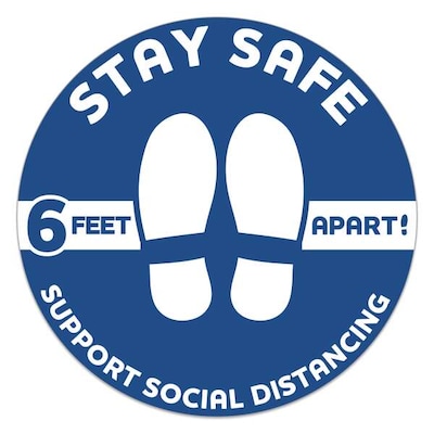 Social Distancing Vinyl Floor Decal, Stay Safe, 6-Feet Apart, 12 Round, Blue, 6/Pack (60582)