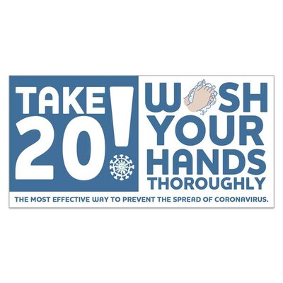 Deluxe Vinyl Decal, Take 20! Wash Your Hands, 4 x 8, Blue, 50/Pack (60586)