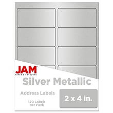 JAM Paper Laser/Inkjet Shipping Address Labels, 2 x 4, Silver Metallic, 10 Labels/Sheet, 12 Sheets