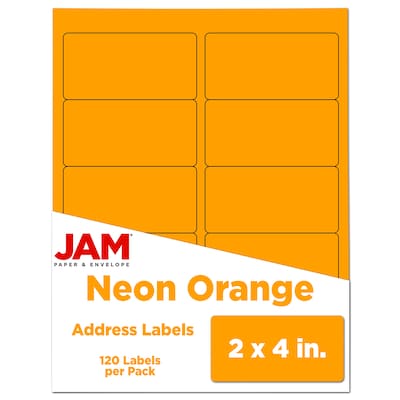 JAM Paper Laser/Inkjet Shipping Labels, 2" x 4", Neon Orange, 10 Labels/Sheet, 12 Sheets/Pack (35432826)