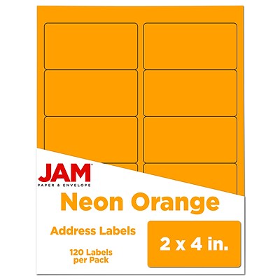 JAM Paper Laser/Inkjet Shipping Address Labels, 2 x 4, Neon Orange, 10 Labels/Sheet, 12 Sheets/Pack (35432826)