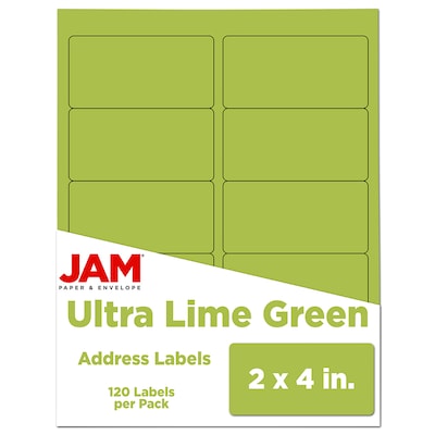 JAM Paper Laser/Inkjet Shipping Address Labels, 2 x 4, Ultra Lime Green, 10 Labels/Sheet, 12 Sheet