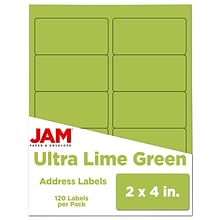 JAM Paper Laser/Inkjet Shipping Address Labels, 2 x 4, Ultra Lime Green, 10 Labels/Sheet, 12 Sheet