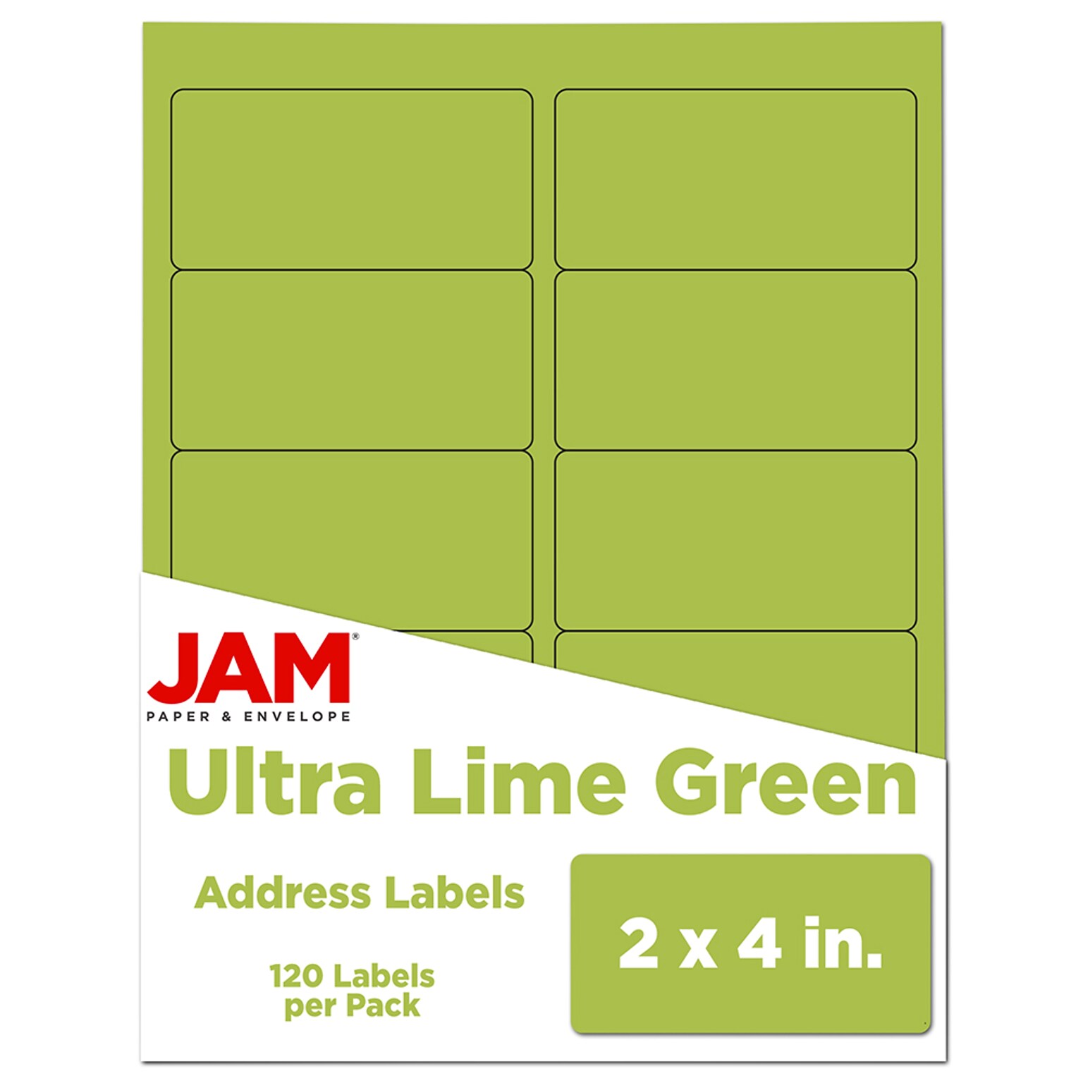 JAM Paper Laser/Inkjet Shipping Address Labels, 2 x 4, Ultra Lime Green, 10 Labels/Sheet, 12 Sheets/Pack (302724405)