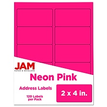 JAM Paper Laser/Inkjet Shipping Labels, 2 x 4, Neon Pink, 10 Labels/Sheet, 12 Sheets/Pack (3543280