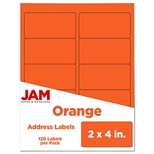 JAM Paper Laser/Inkjet Shipping Address Labels, 2 x 4, Orange, 10 Labels/Sheet, 12 Sheets/Pack (30