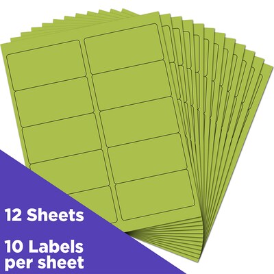 JAM Paper Laser/Inkjet Shipping Address Labels, 2" x 4", Ultra Lime Green, 10 Labels/Sheet, 12 Sheets/Pack (302724405)