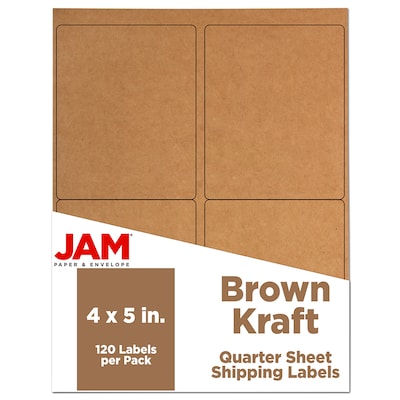 JAM Paper Laser/Inkjet Shipping Address Labels, 4 x 5, Brown Kraft, 10 Labels/Sheet, 12 Sheets/Pac