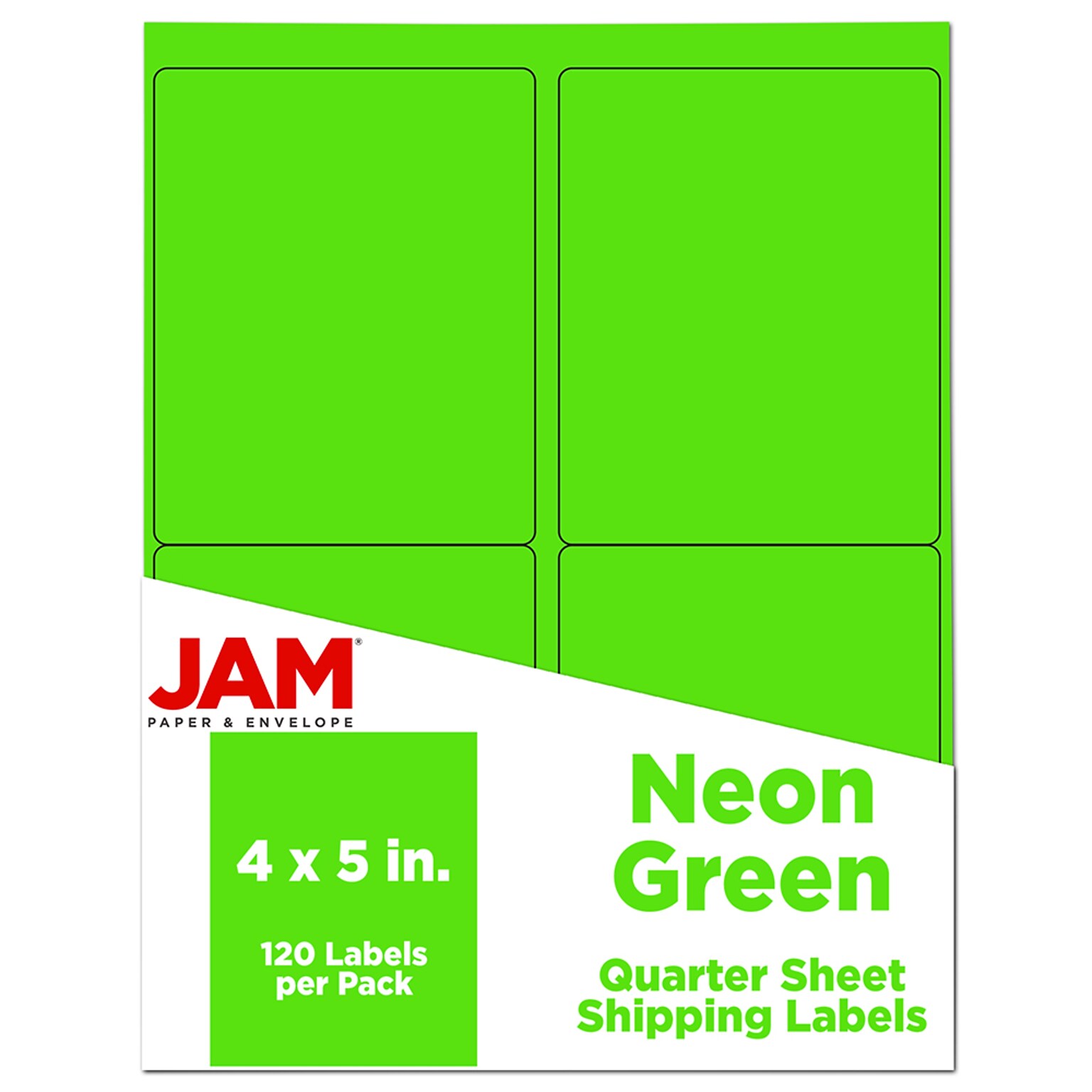 JAM Paper Shipping Labels, 4 x 5, Neon Green, 4 Labels/Sheet, 30 Sheets/Pack (354329156)