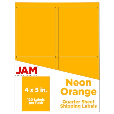 JAM Paper Shipping Labels, 4 x 5, Neon Orange, 4 Labels/Sheet, 30 Sheets/Pack (354329159)