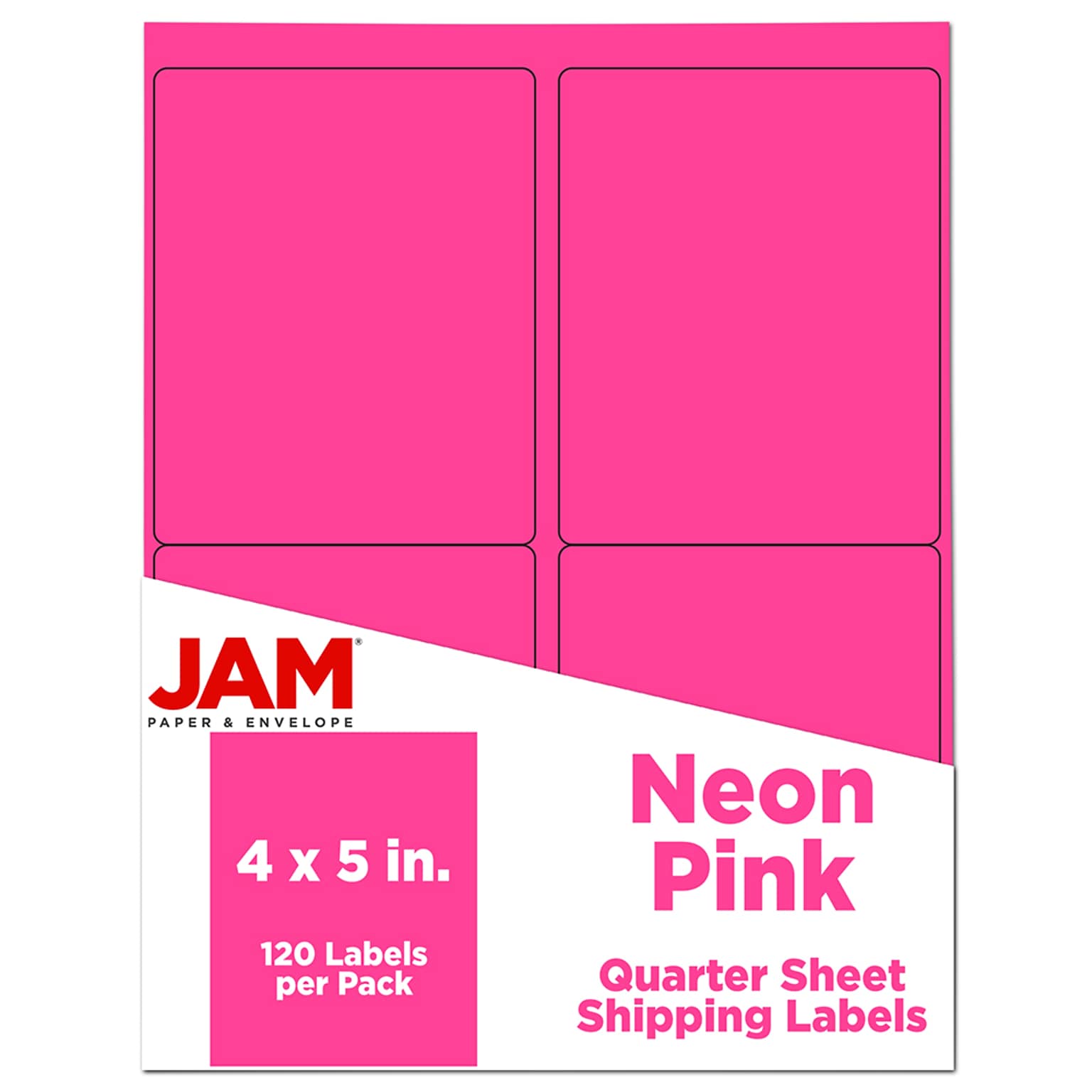 JAM Paper Laser/Inkjet Shipping  Labels, 4 x 5, Neon Pink, 4 Labels/Sheet, 30 Sheets/Pack (354329165)