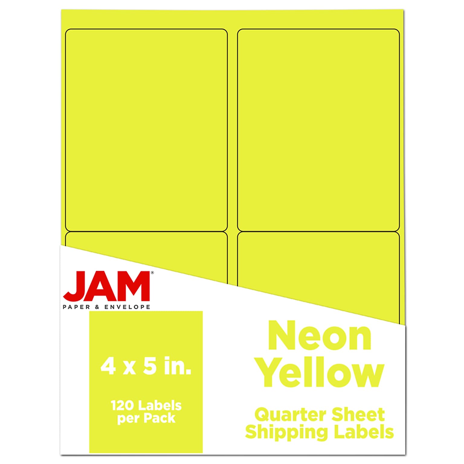 JAM Paper Laser/Inkjet Shipping Labels, 4 x 5, Neon Yellow, 4 Labels/Sheet, 30 Sheets/Pack (354329153)