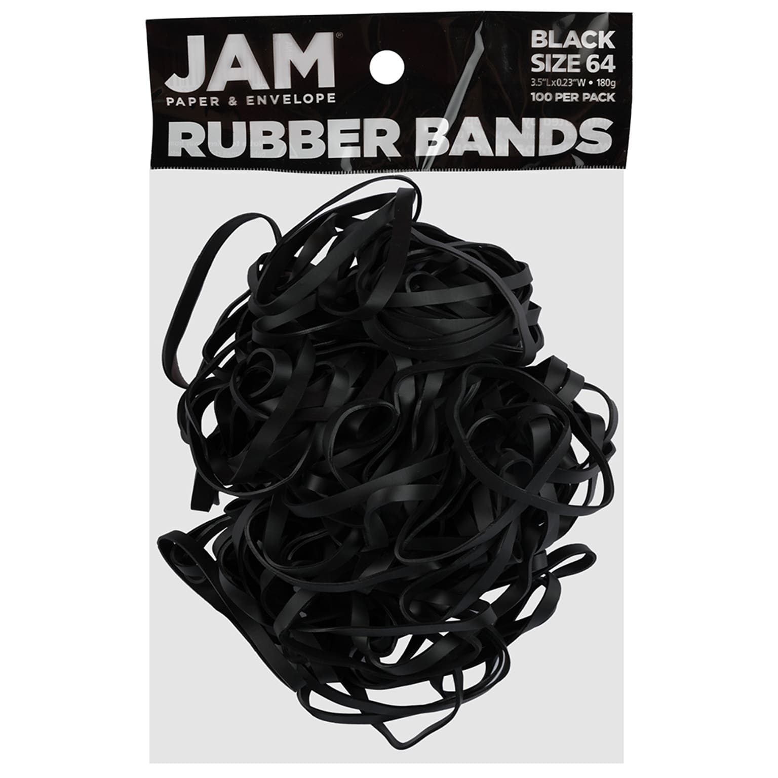 JAM Paper Colored Multi-Purpose #64 Rubber Bands, 3.5 x 0.25, Latex Free, Black, 100/Pack (33364RBBL)