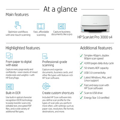 HP Scanjet Pro 3000 s4 Duplex Desktop Document Scanner, White (6FW07A#BGJ)