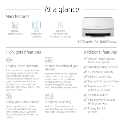 HP Scanjet Pro N4000 Snw1 Duplex Desktop Document Scanner, White (6FW08A#BGJ)