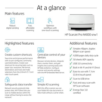 HP Scanjet Pro N4000 Snw1 Duplex Desktop Document Scanner, White (6FW08A#BGJ)