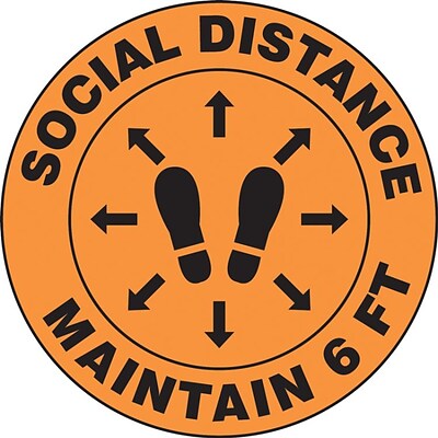 Accuform Slip-Gard™ Floor Decal, Social Distance Maintain 6 FT, Vinyl, 12, Orange (MFS384)
