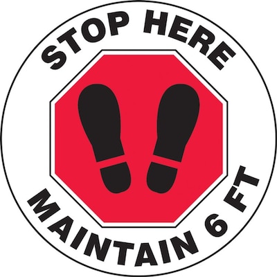 Accuform Slip-Gard™ Floor Decal, Stop Here Maintain 6 FT, Vinyl, 12, White/Red (MFS388)