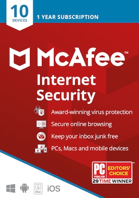 McAfee Internet Security Antivirus Software for 10 Devices (1-10 Users), Product Key Card (MIS00ESTX