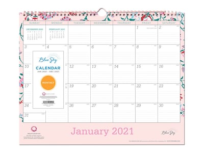 2021 Blue Sky 12 x 15 Wall Calendar, Garden Flower Breast Cancer Awareness, White/Pink (101630-21)