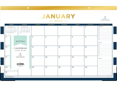 2021 Blue Sky 11 x 17 Desk Pad Calendar, Day Designer Navy Stripe, White/Blue/Gold (103628-21)