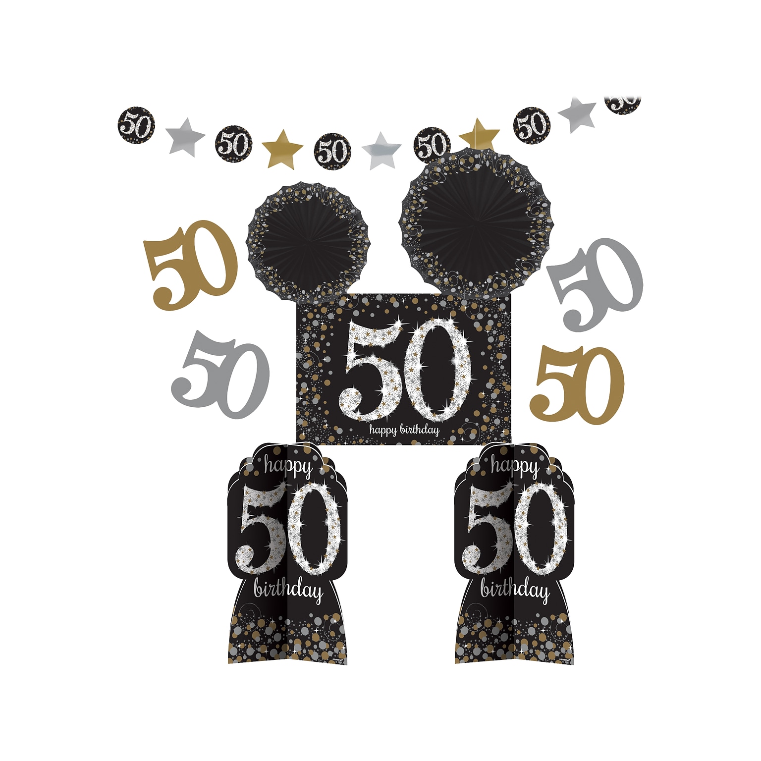 Amscan Sparkling Celebration 50th Birthday Room Decorating Kit, Black/Silver/Gold (241287)