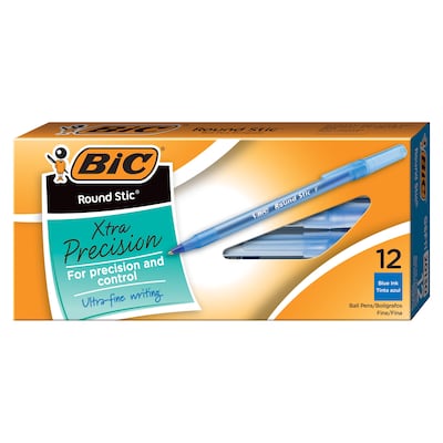 BIC Round Stic Xtra Precision Ballpoint Pens, Fine Point, 0.8mm, Blue Ink, Dozen (20130/GSF11BL)