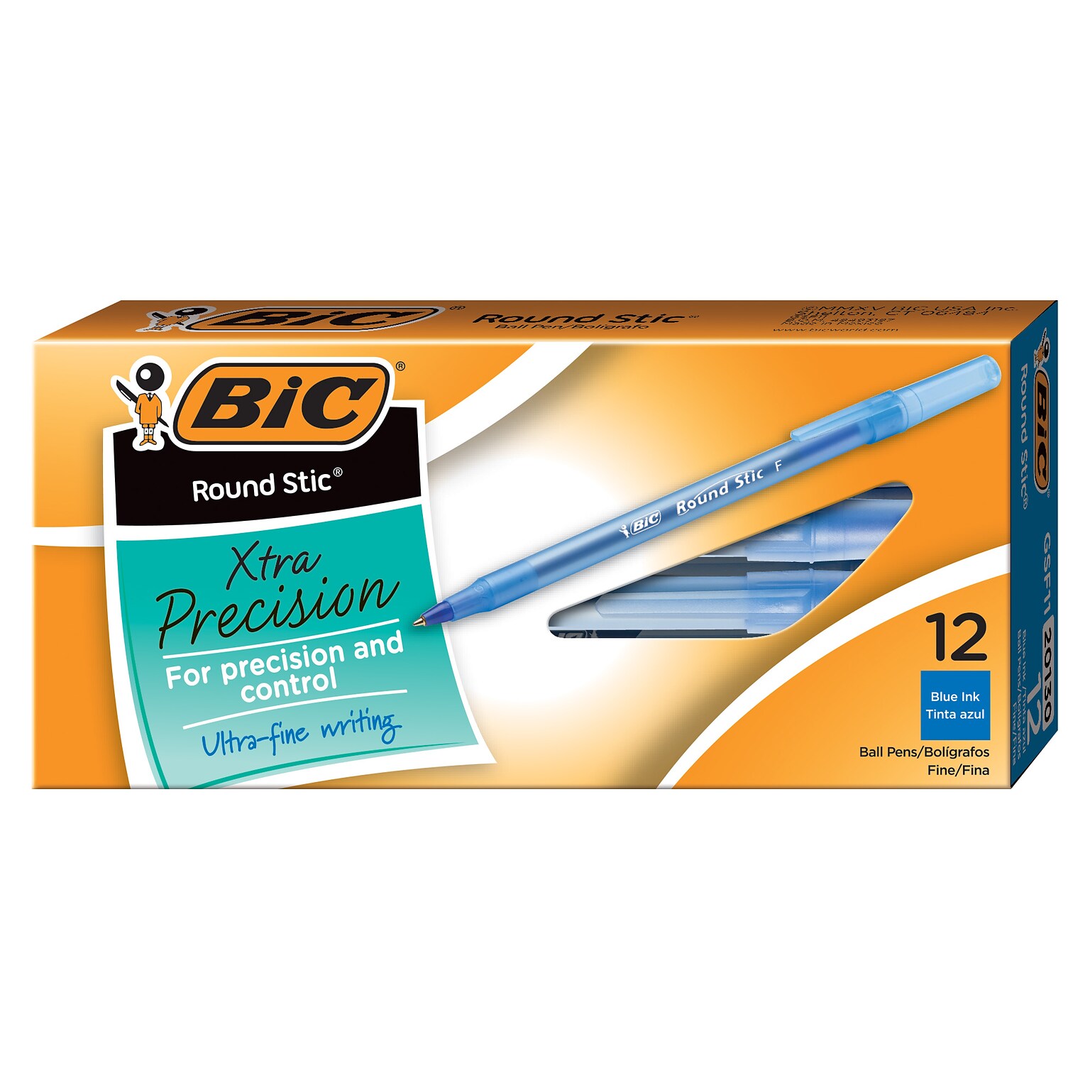 BIC Round Stic Xtra Precision Ballpoint Pens, Fine Point, 0.8mm, Blue Ink, Dozen (20130/GSF11BL)