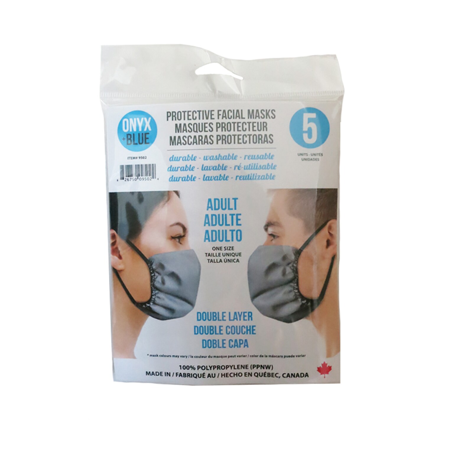 Onyx & Blue Reusable Cloth Face Masks for Adults, Polypropylene, 5 Masks/Pack (9502)