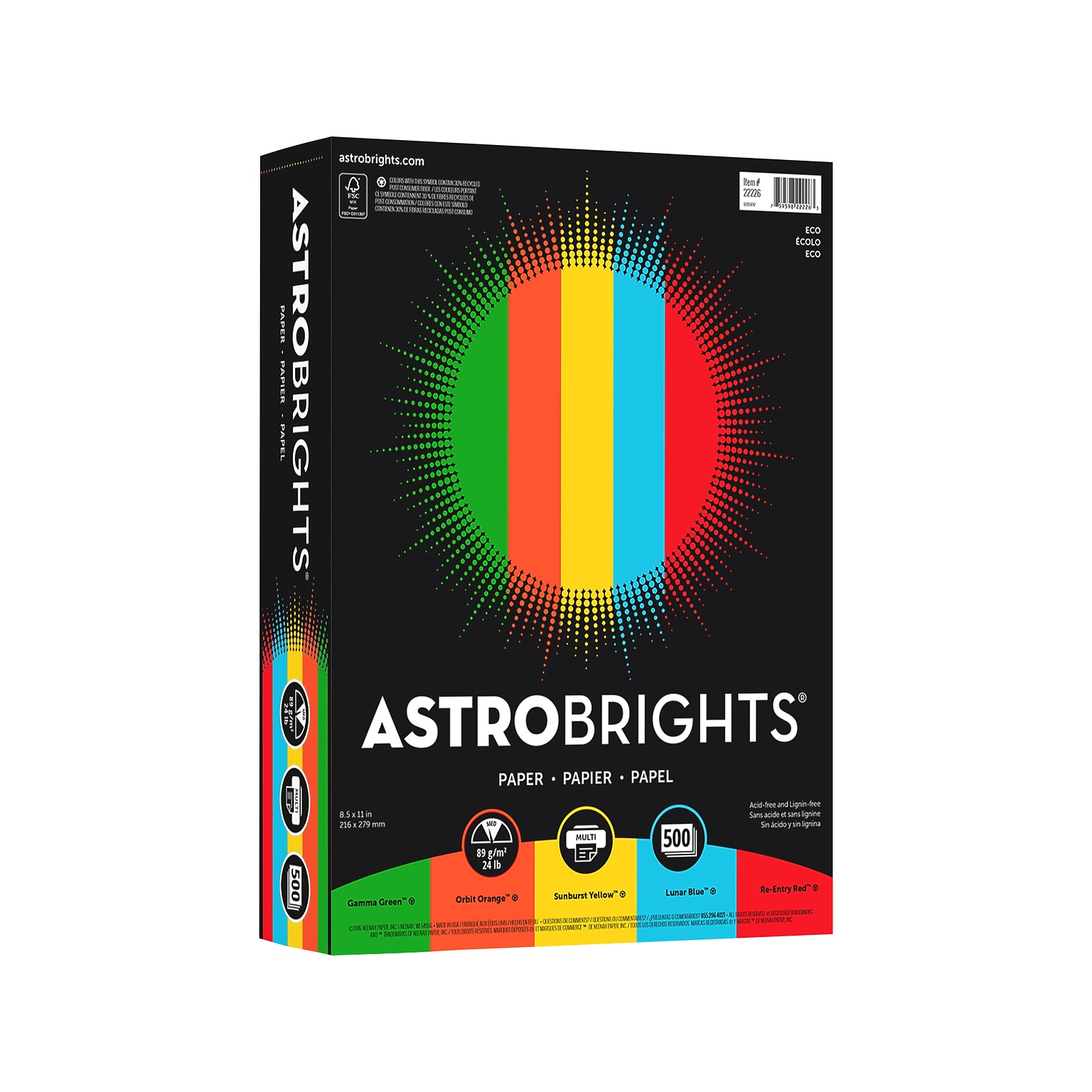 Astrobrights Colored Paper, 24 lbs., 8.5 x 11, Assorted Eco Colors, 500 Sheets/Ream (22226)