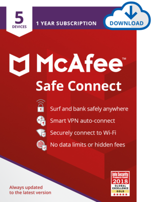 McAfee Safe Connect, For 5 Devices, Secure Internet Protection, 1-Year Subscription, Download