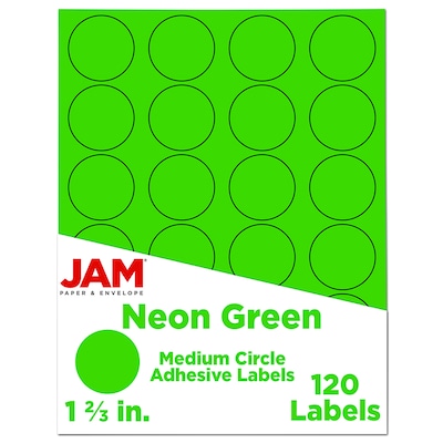 JAM Paper Round Label Sticker Seals, 1 2/3 Diameter, Neon Green, 24 Labels/Sheet, 5 Sheets/Pack (35