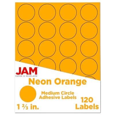 JAM Paper Round Label Sticker Seals, 1 2/3 Diameter, Neon Orange, 24 Labels/Sheet, 5 Sheets/Pack (3