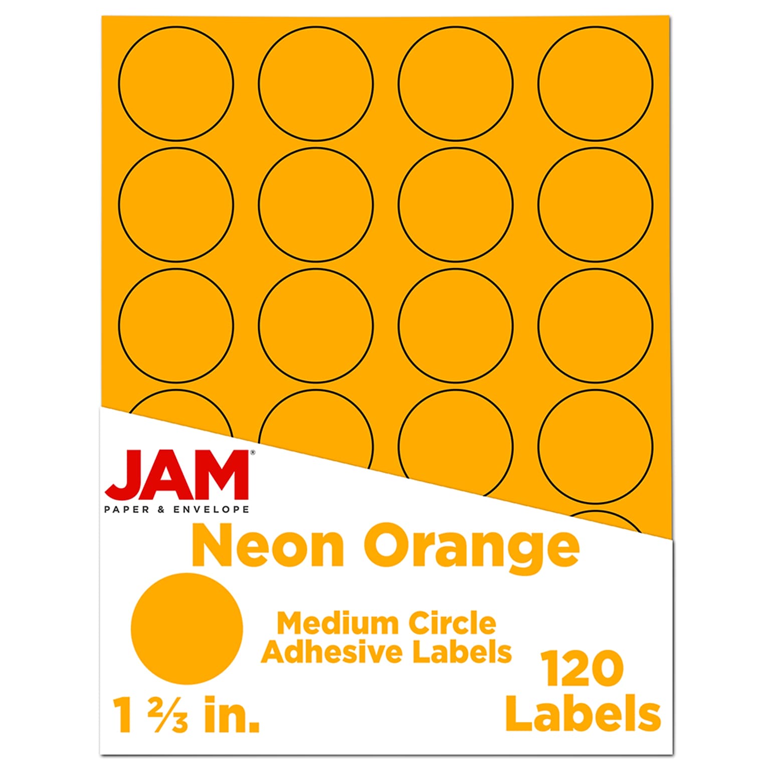 JAM Paper Round Label Sticker Seals, 1 2/3 Diameter, Neon Orange, 24 Labels/Sheet, 5 Sheets/Pack (354329580)