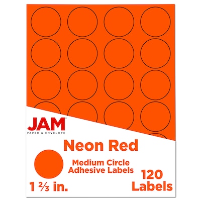 JAM Paper Round Label Sticker Seals, 1 2/3 Diameter, Neon Red, 24 Labels/Sheet, 5 Sheets/Pack (3543