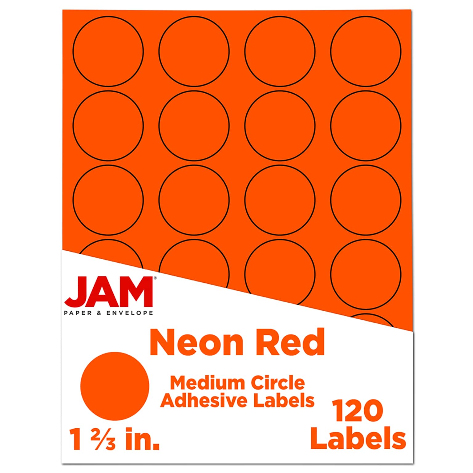 JAM Paper Round Label Sticker Seals, 1 2/3 Diameter, Neon Red, 24 Labels/Sheet, 5 Sheets/Pack (354329579)