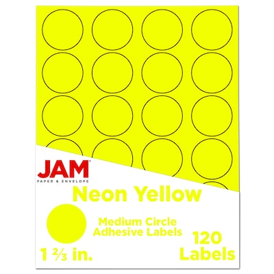 JAM Paper Round Label Sticker Seals, 1 2/3 Diameter, Neon Yellow, 24 Labels/Sheet, 5 Sheets/Pack (3