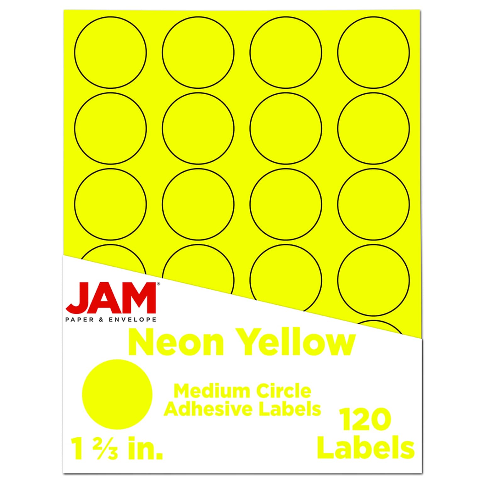 JAM Paper Round Label Sticker Seals, 1 2/3 Diameter, Neon Yellow, 24 Labels/Sheet, 5 Sheets/Pack (354329582)