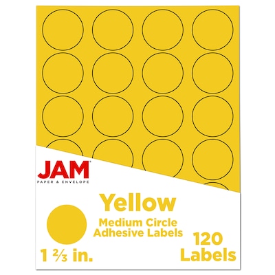 JAM Paper Circle Round Label Sticker Seals, 1 2/3 Inch Diameter, Yellow, 24 Labels/Sheet, 5 Sheets/P